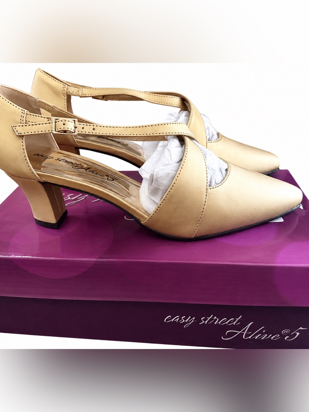 Women's Easy Street Elegance Front Pumps Gold Satin Shoes Dance 7.5 Wide